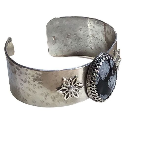 Bracelet, Snowflake Obsidian and Sterling Silver Cuff Bracelet, NEW, Handmade, A - Picture 6 of 8